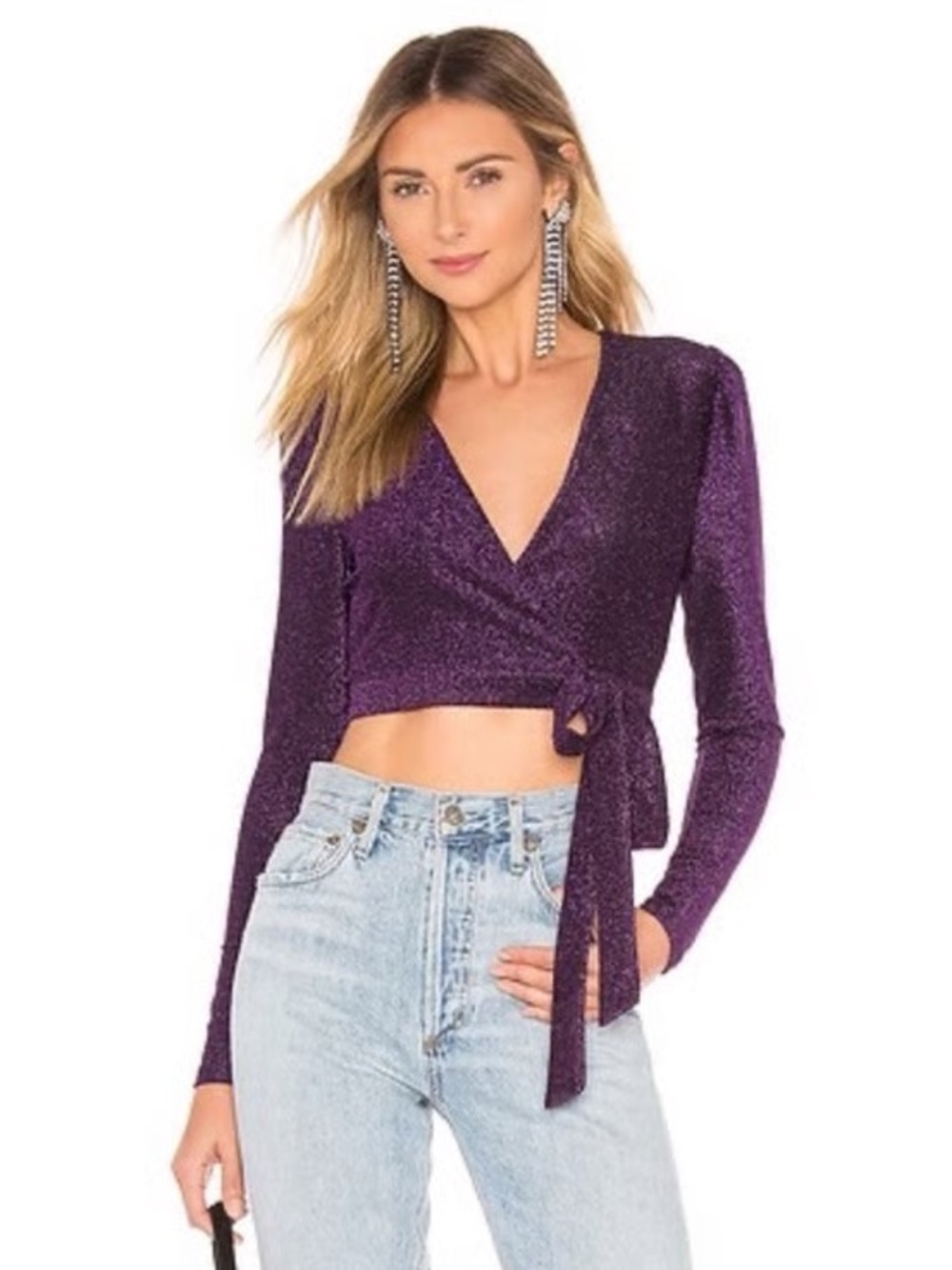 Haute Monde Purple Sparkle Wrap Crop Top with Side Tie